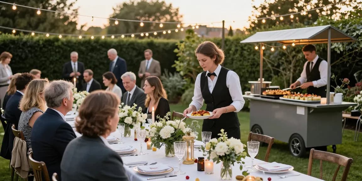 Catering Hire London setup for a beautiful garden wedding reception with elegant table settings and catering team.