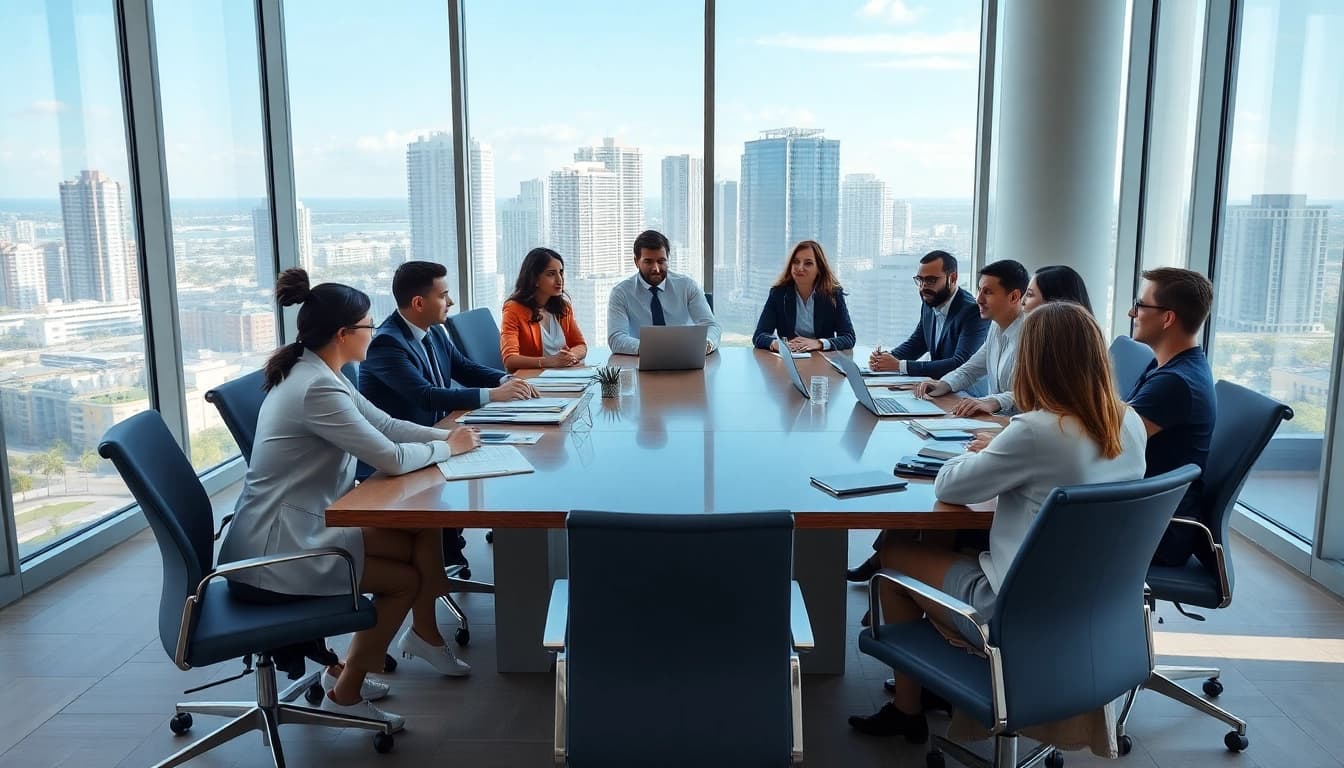 Lawyers discussing trademark and intellectual property in the US in a modern Miami office