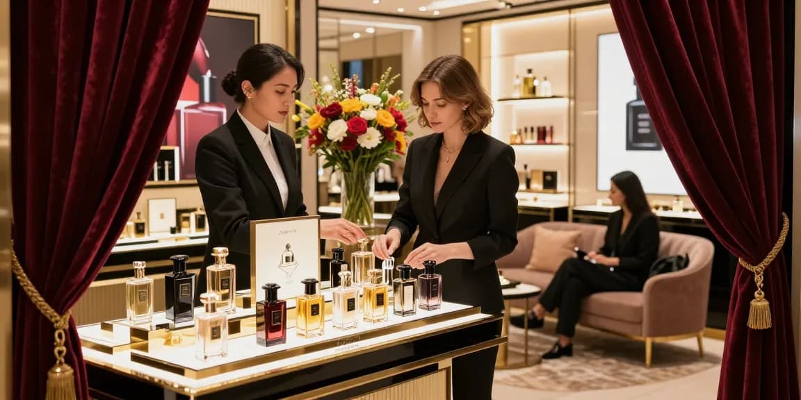 Xerjoff luxury perfumes showcased in a boutique, rich lighting and elegant decor.