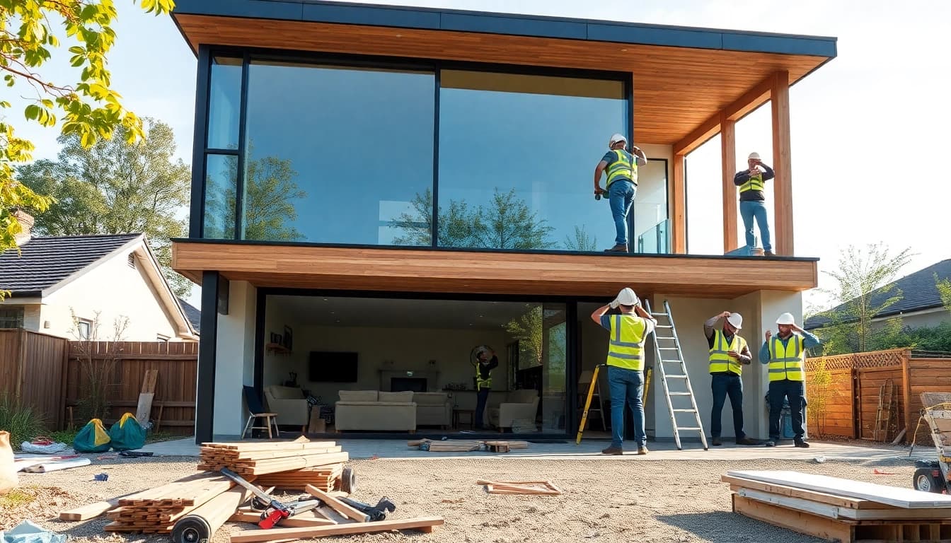 House extension construction showcasing a modern design with framing workers in action.