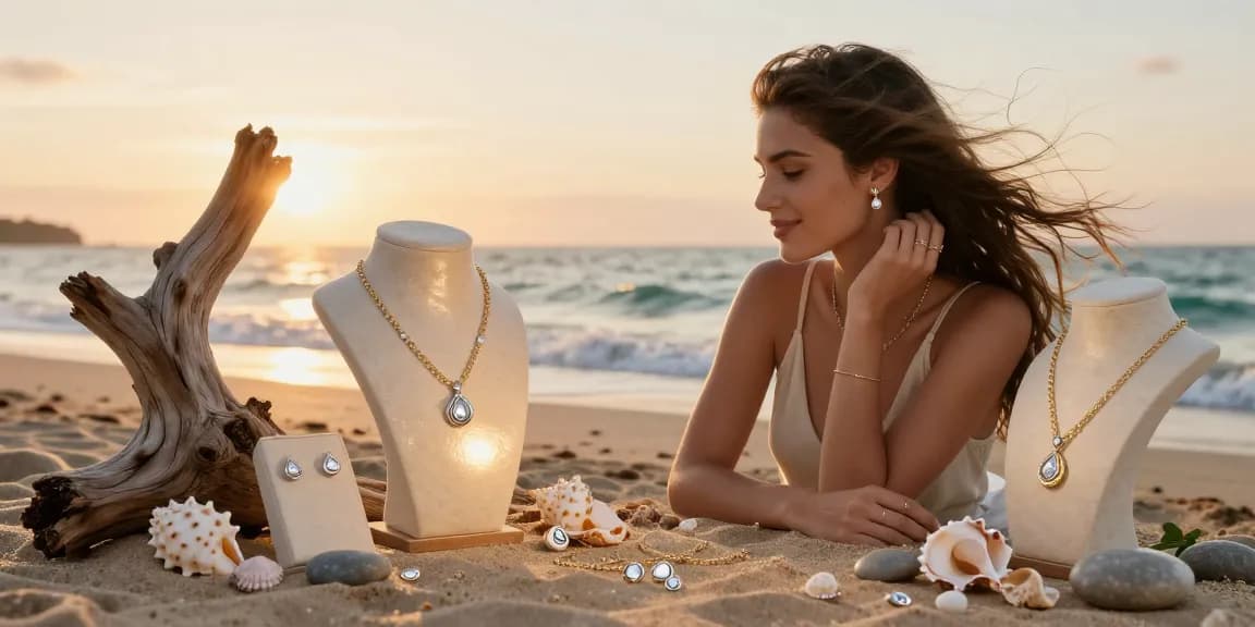 Jewellery gift ideas UK displayed against a serene beach backdrop, featuring elegant ocean-inspired pieces elegantly worn.
