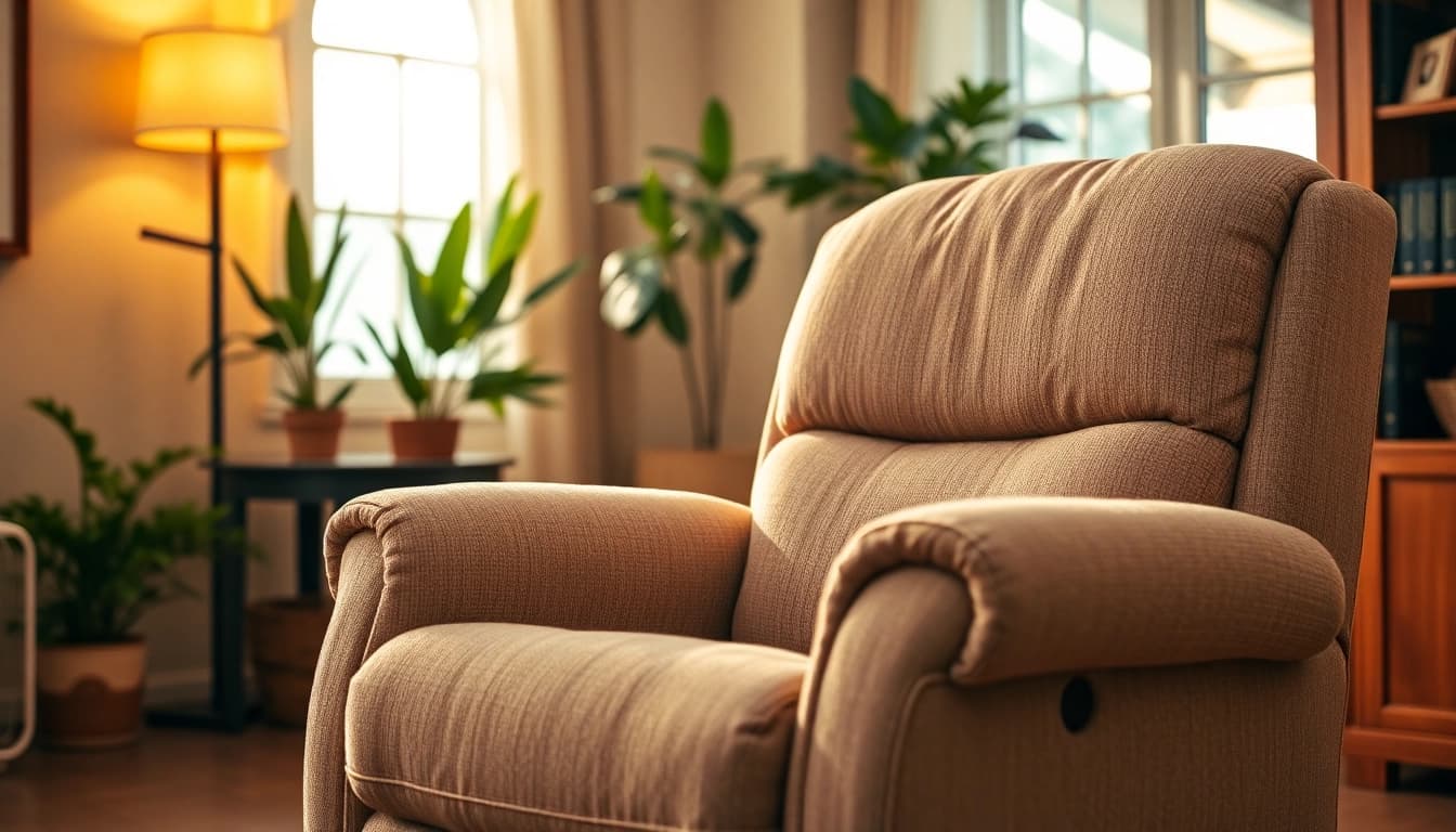 Comfortable recliner lift chair showcased in a cozy living room setting with warm lighting.