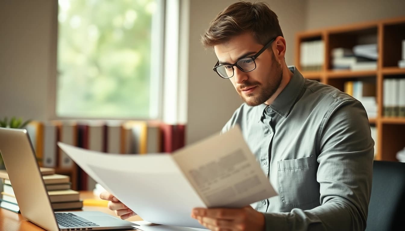 Legal expert reviewing Wills documents in a well-lit office environment.