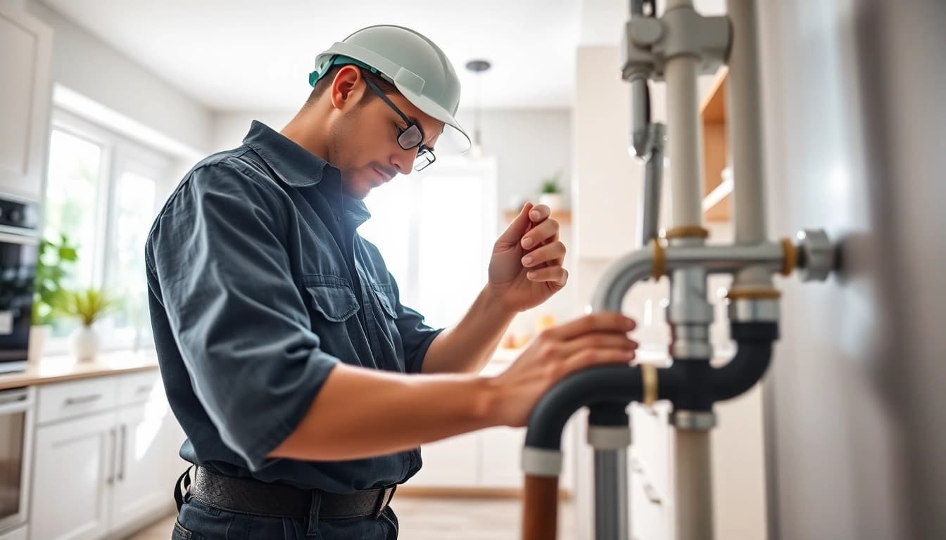 Find a professional plumber near me fixing a leaky pipe in a modern kitchen.