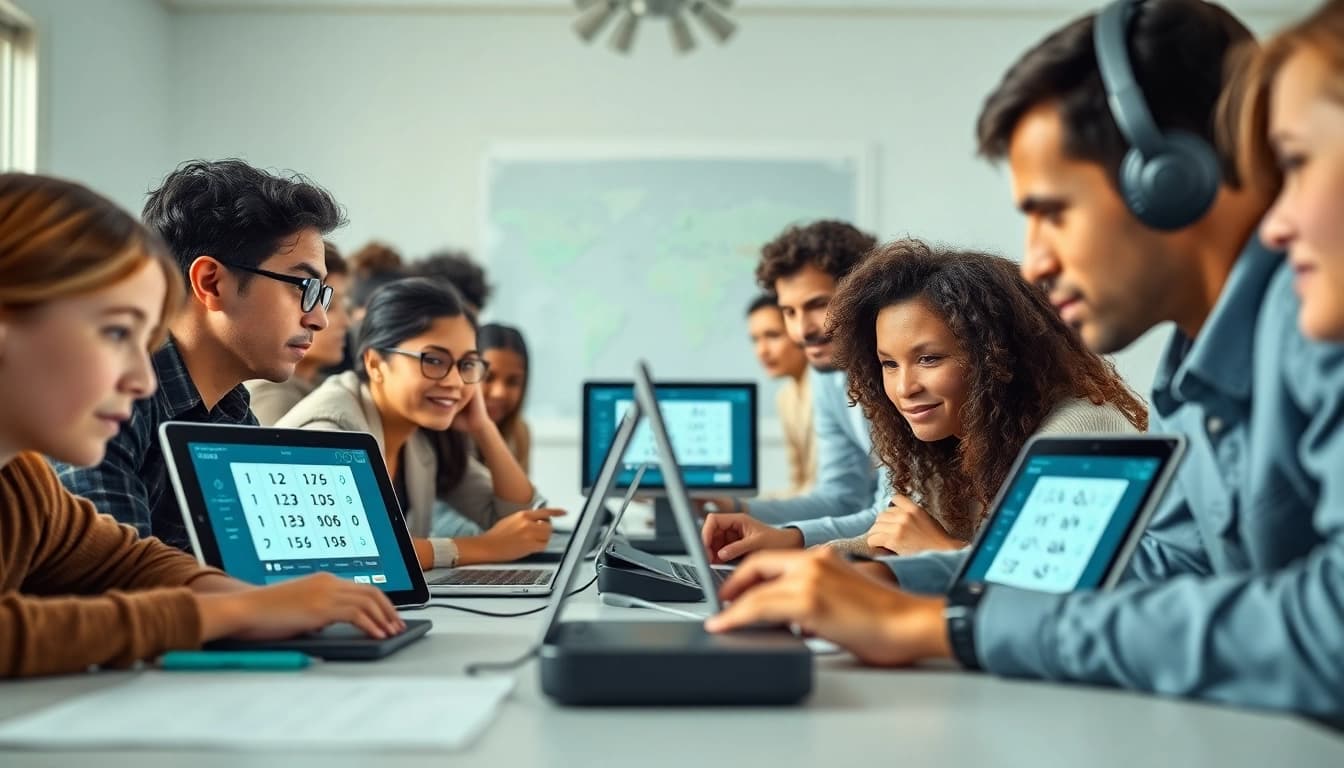 Morse code converter interface with diverse learners engaging in interactive education.