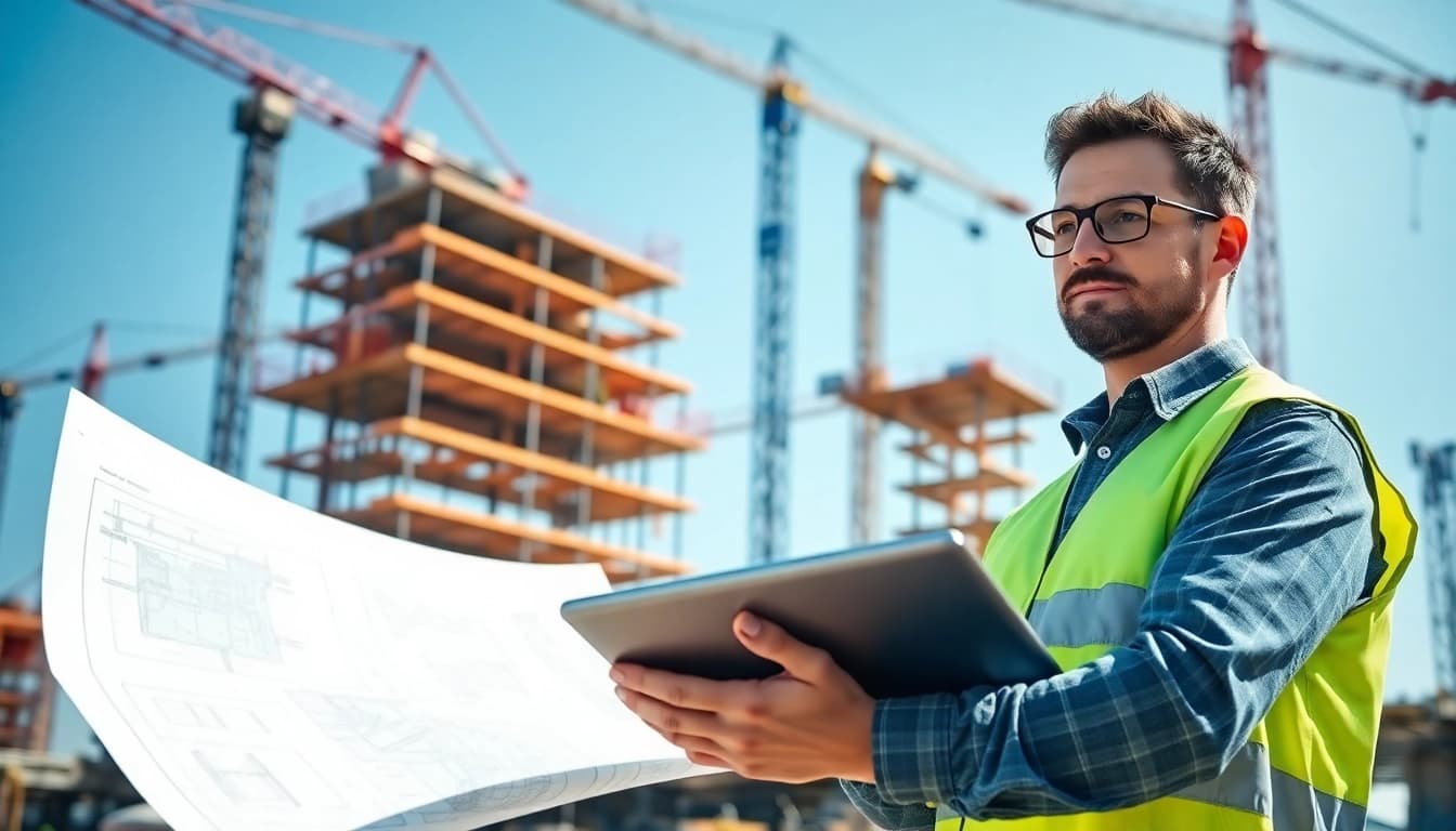 New Jersey Construction Manager directing a vibrant construction site, showcasing blueprints and plans.