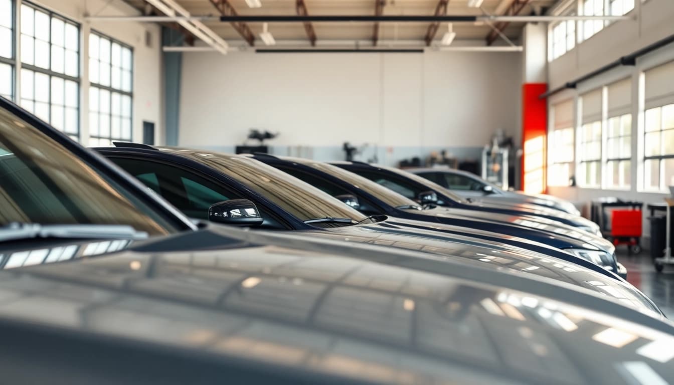 Apply auto window tint near me efficiently with skilled technicians in a vibrant garage setting.
