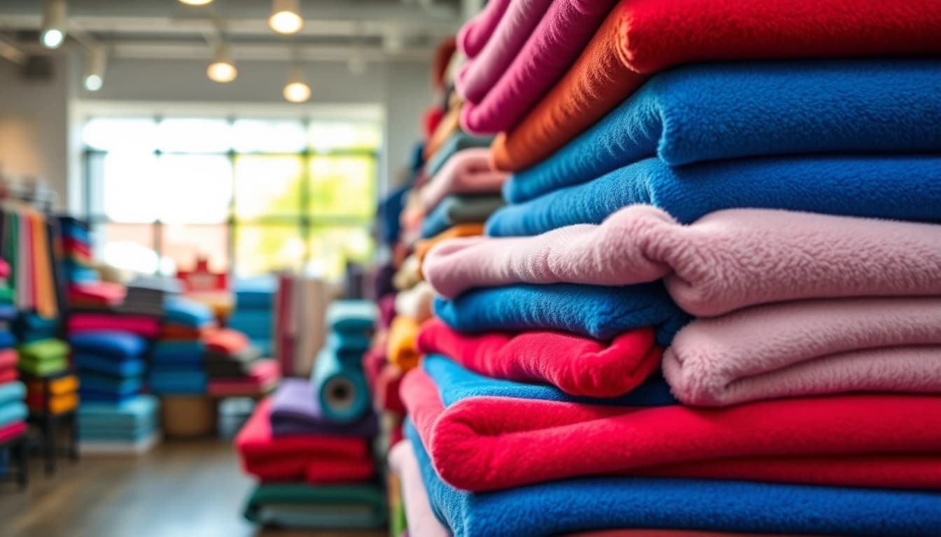 Fleece stof kopen met diverse kleuren en texturen in een gezellige stoffenwinkel.