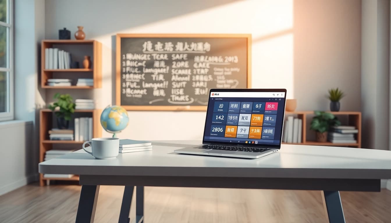 A modern study room featuring the 有道 language app interface on a laptop, promoting effective learning.