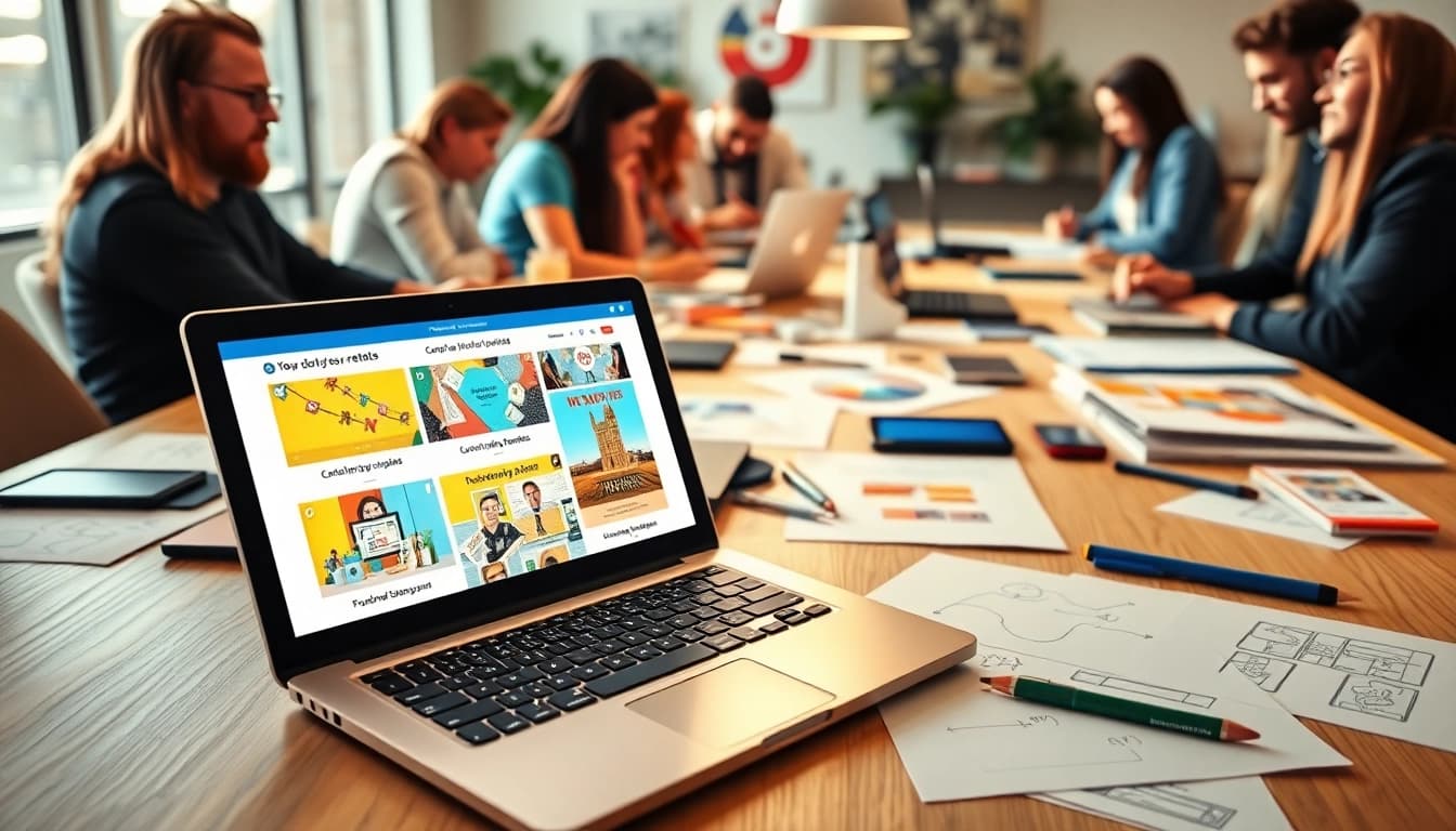 Engaging social media ads campaign displayed on a laptop with creative sketches and team collaboration.