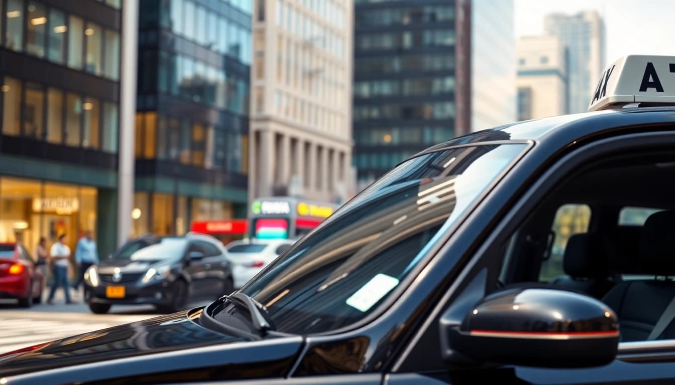 Taxi driver helping a passenger near a city street with a classic black cab.