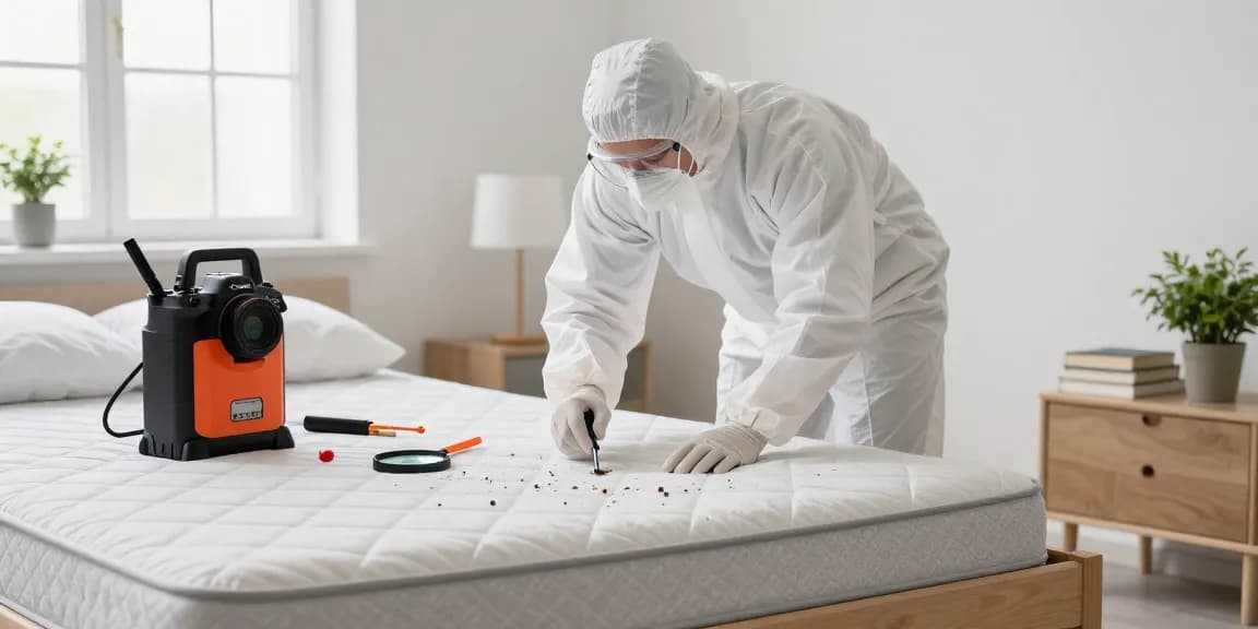 Professional bed bug exterminator inspecting a mattress for bed bugs in a cozy home.