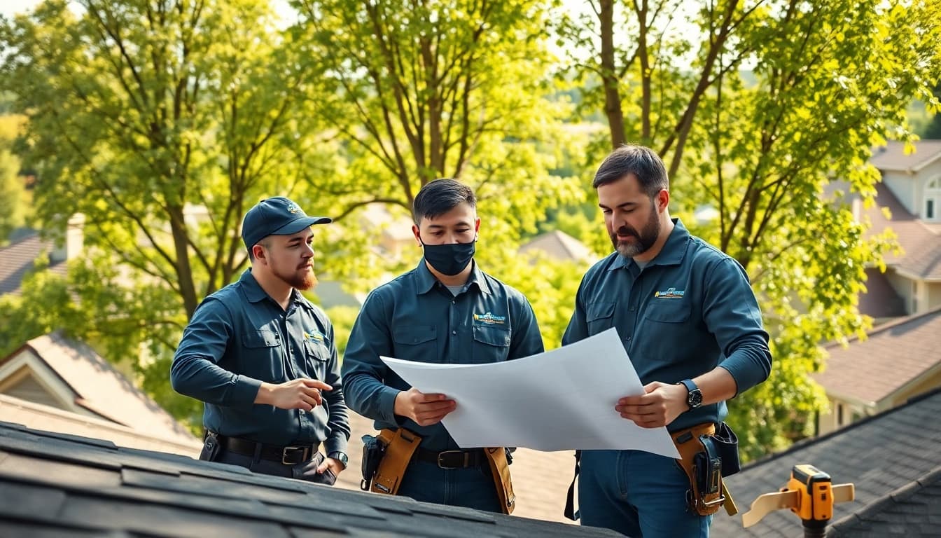 Roofing company team inspecting a house, demonstrating professionalism and teamwork.
