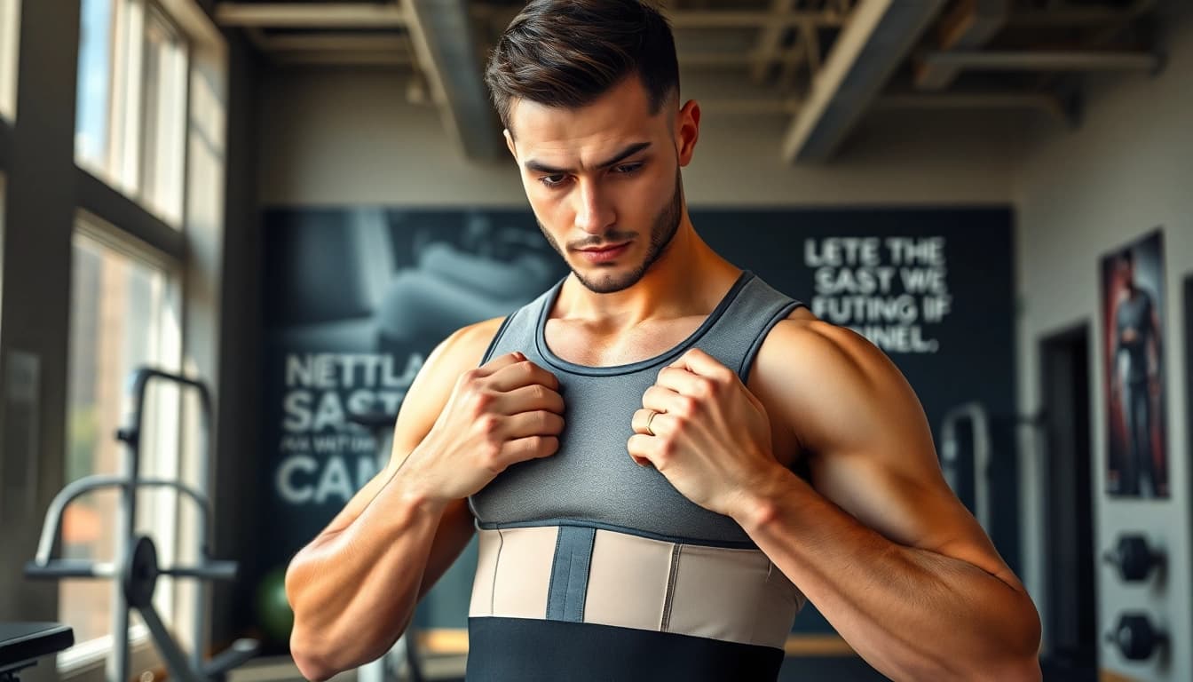 Man wearing a posture garment in a gym, demonstrating its features and support.