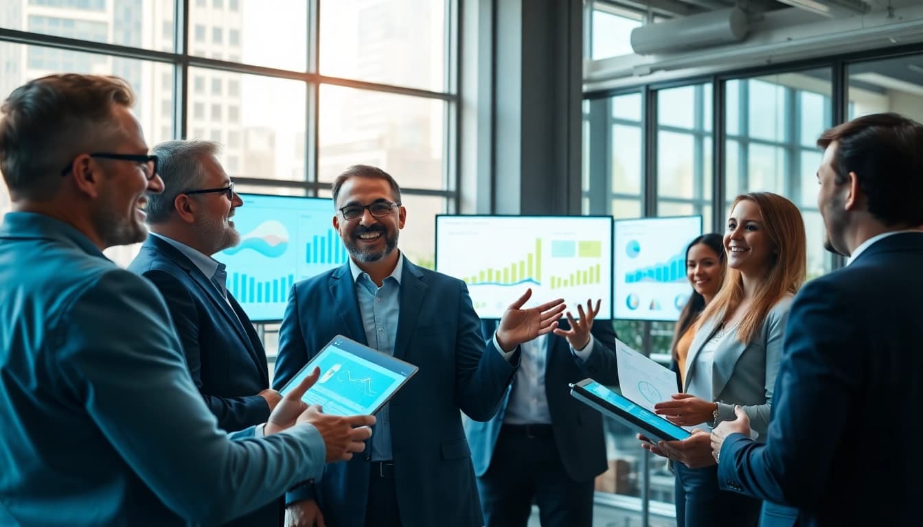 Business owners collaborating in a vibrant workspace, showcasing teamwork and innovation.