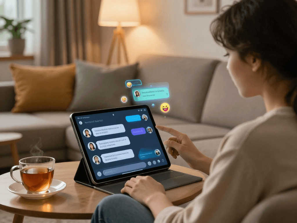 Engaging with ai chat porn interface in a cozy home setup, showcasing modern technology interaction.