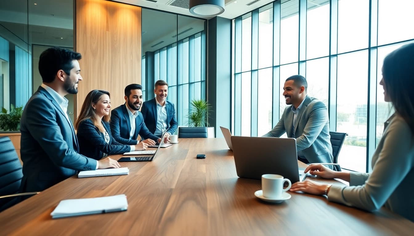 Business owners collaborating in a stylish office environment, showcasing teamwork and innovation.