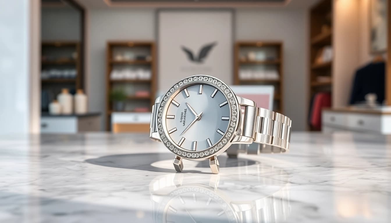 Admire the craftsmanship of a Ladies Classic Smart Watch styled luxuriously on a marble countertop.