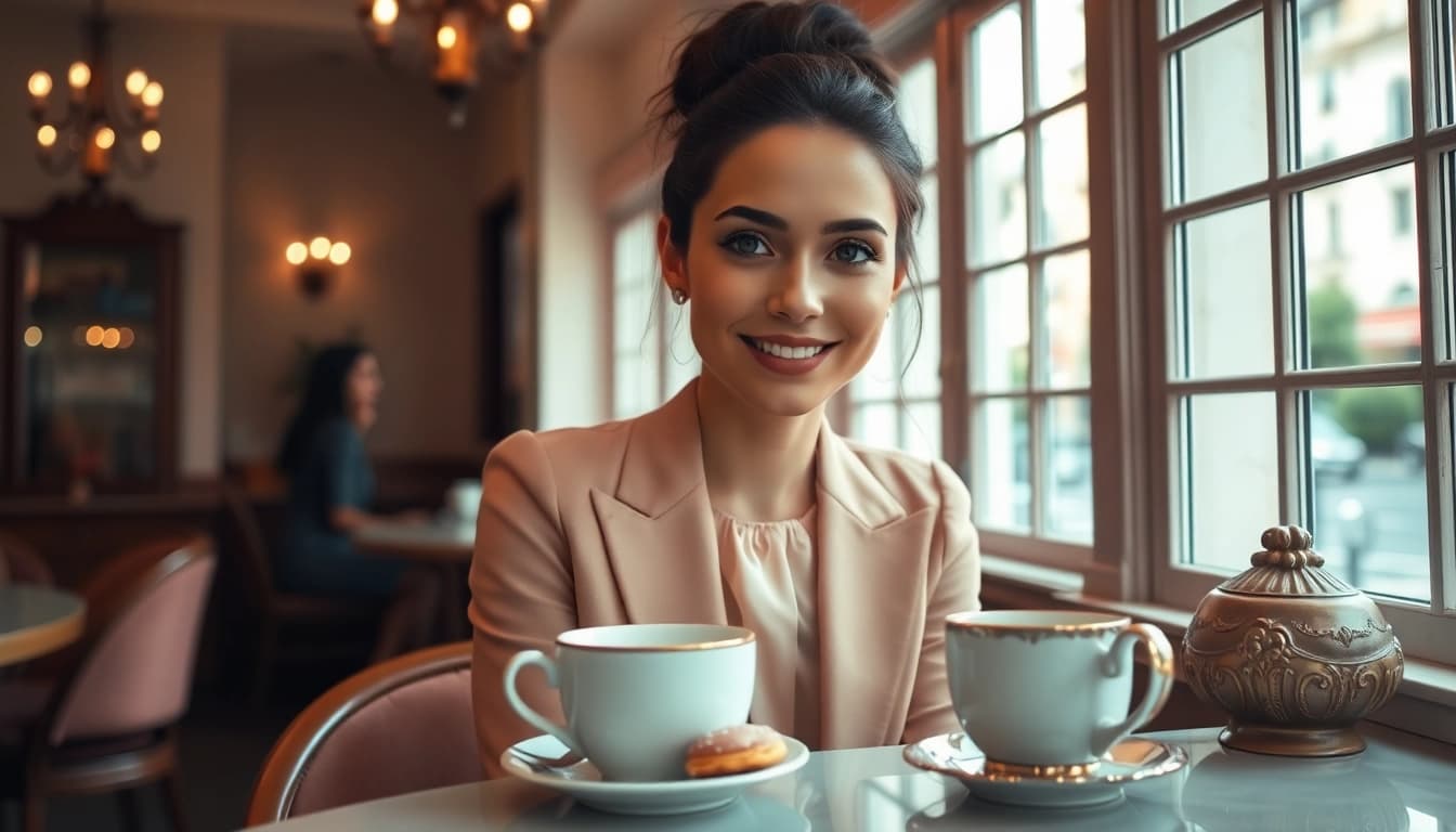 Mademoisele enjoying a coffee in a Parisian café, exuding elegance and charm.