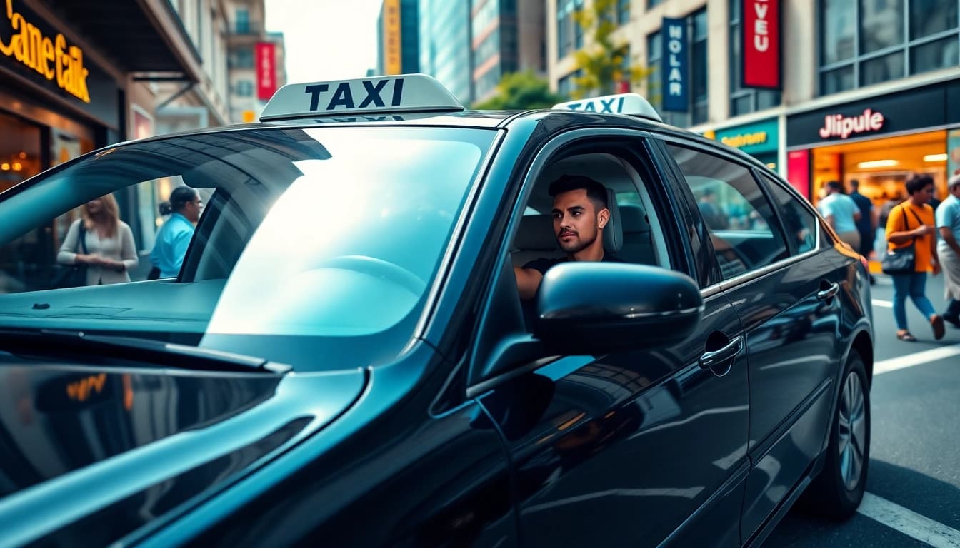 Taxi navigating a busy urban landscape, showcasing reliable transportation services.