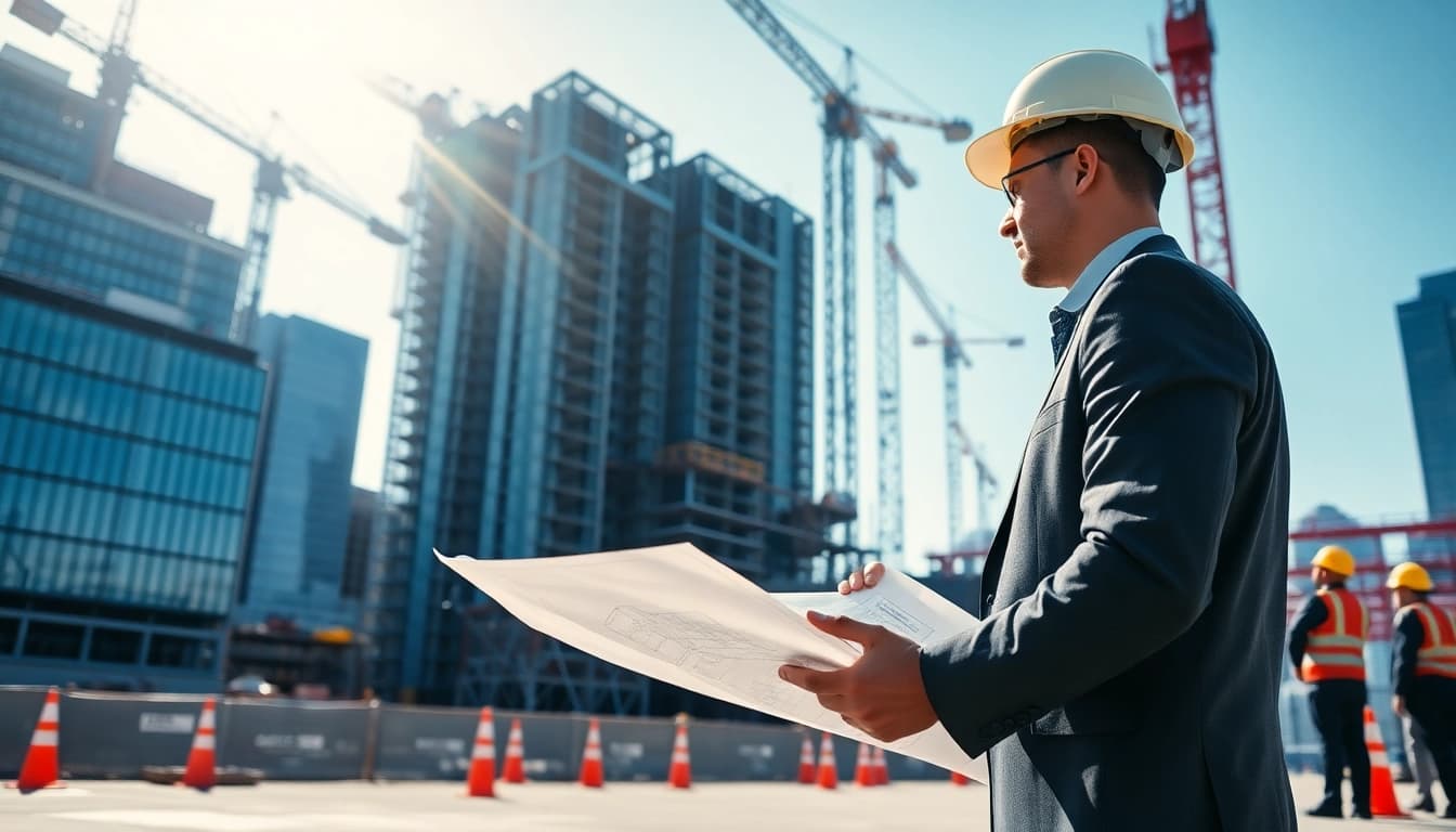 Manhattan Construction Manager focused on overseeing a skyscraper project with cranes and blueprints.