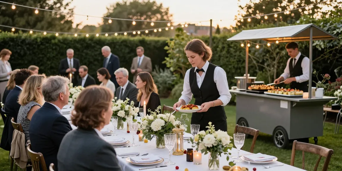 Catering Hire London setup for a beautiful garden wedding reception with elegant table settings and catering team.