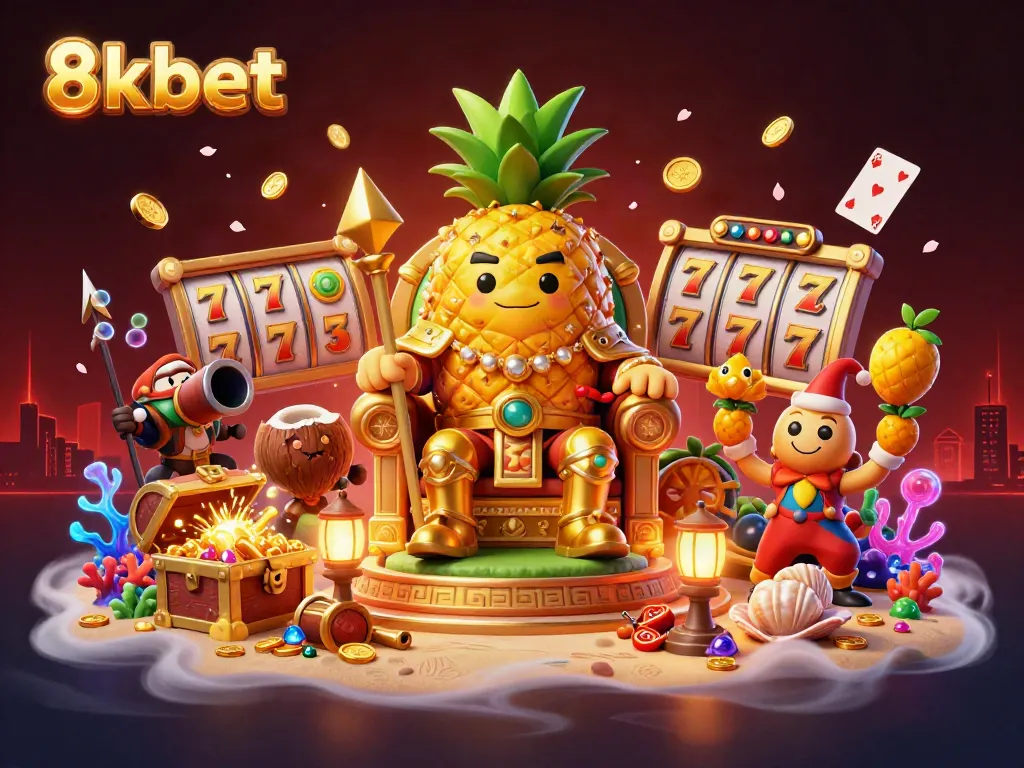 Experience the vibrant casino world of 8xbet, featuring a golden pineapple king and lively game elements.