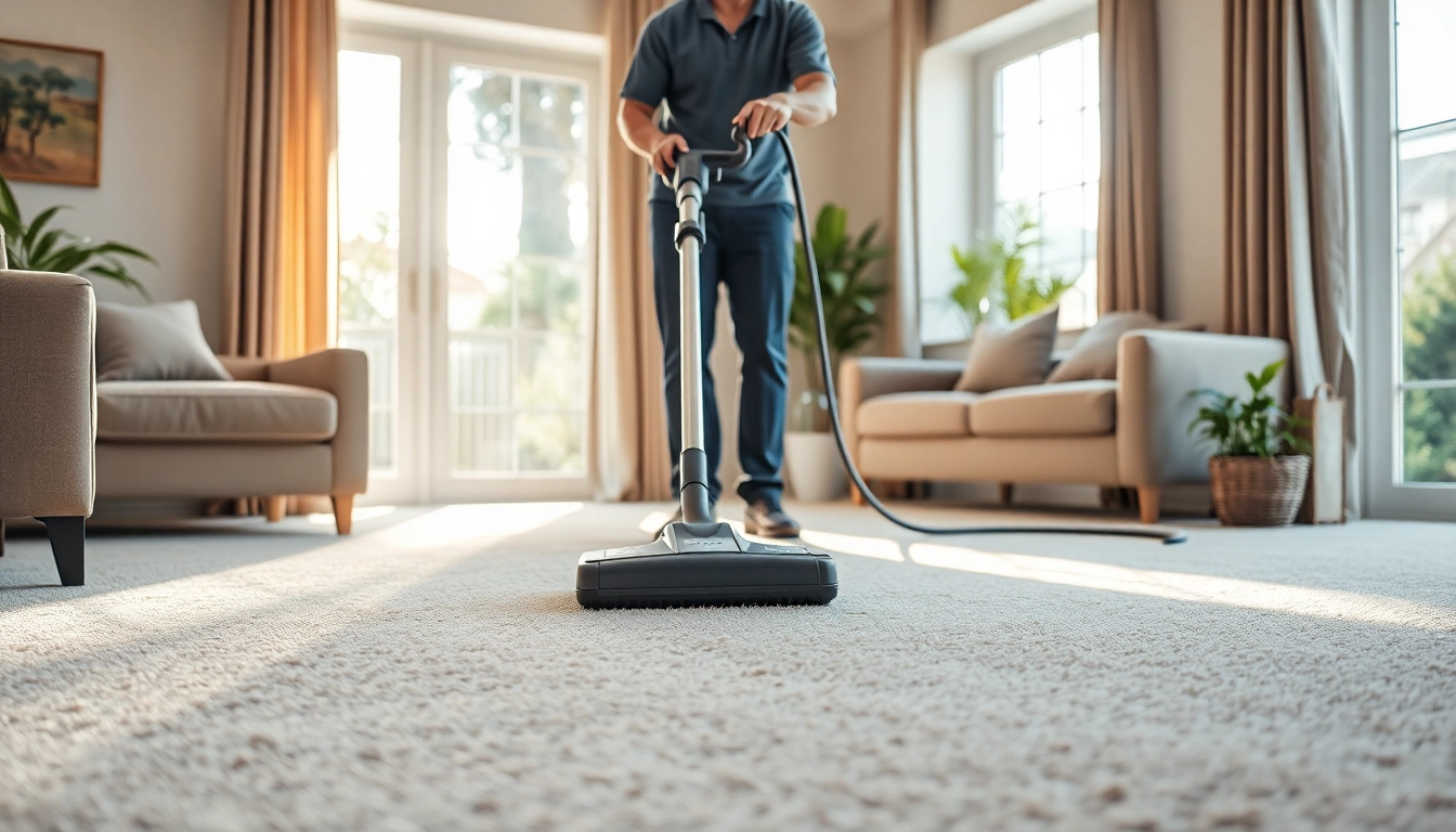 Carpet cleaning in Glasgow demonstrated by a technician in a bright living room.