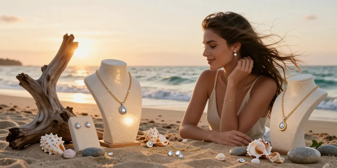 Jewellery gift ideas UK displayed against a serene beach backdrop, featuring elegant ocean-inspired pieces elegantly worn.