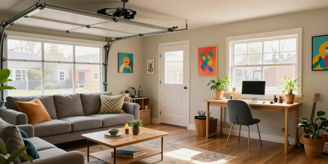 Garage conversions transformed into a cozy living space with modern decor and natural light.