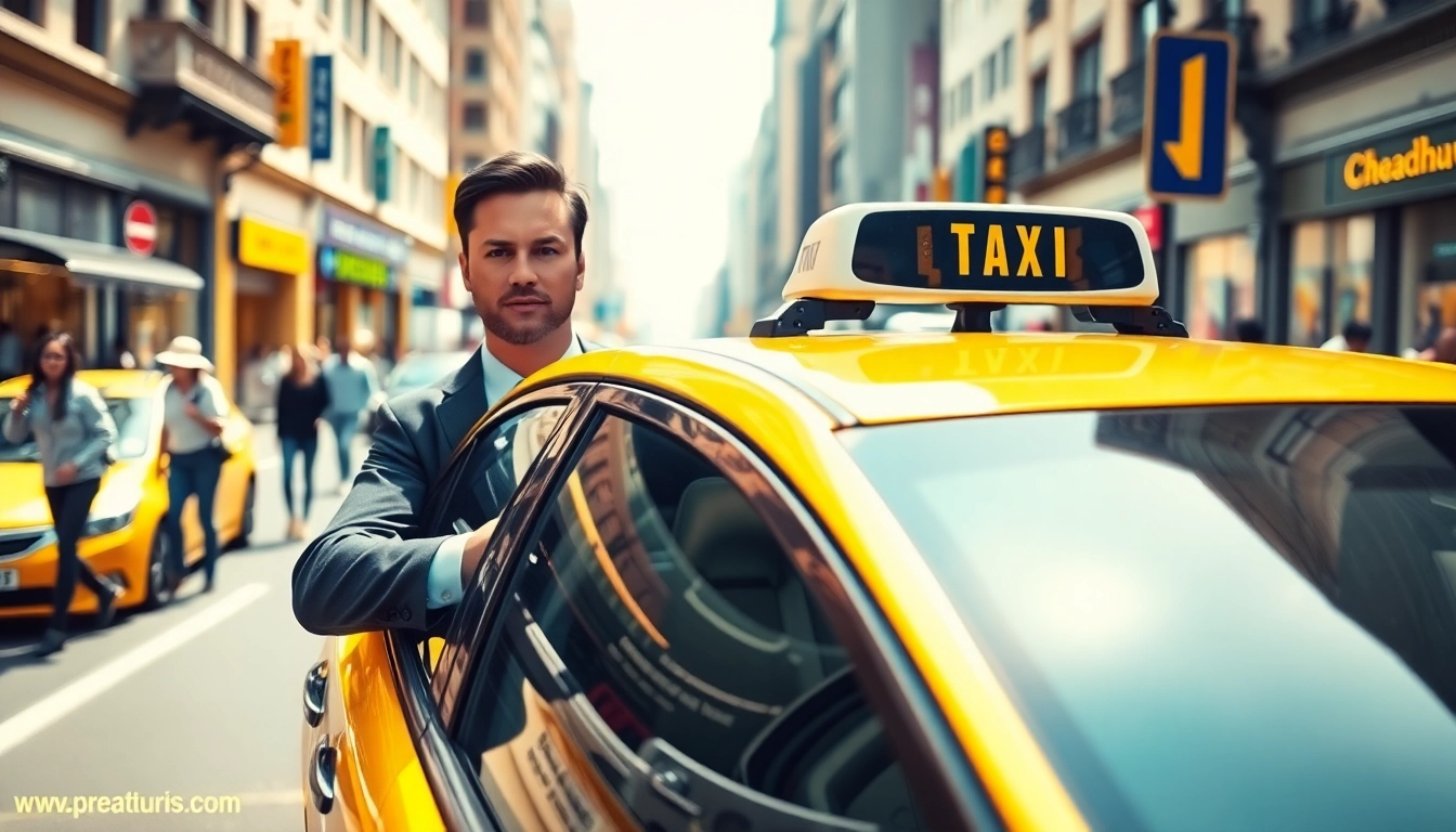Taxi driving through a busy city street, showcasing vibrant urban life and reliability.