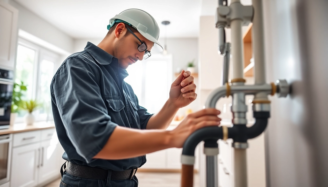 Find a professional plumber near me fixing a leaky pipe in a modern kitchen.