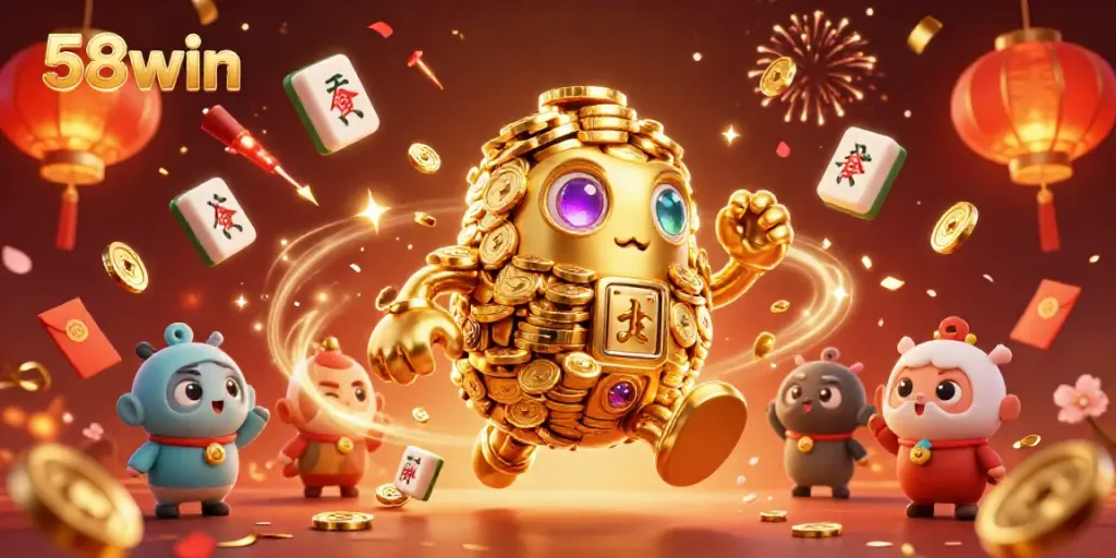 Spin the reels with excitement at 58win's vibrant casino with golden golem and festive symbols.