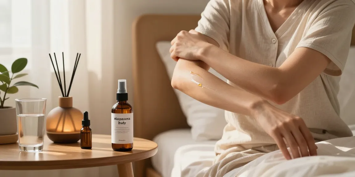 Magnesium Body Spray application in a calming bedroom setting promoting wellness and relaxation.