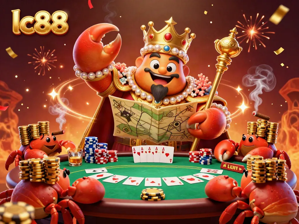 Engage with a thrilling lc88 casino scene showcasing a golden crab emperor amidst poker games and treasures.