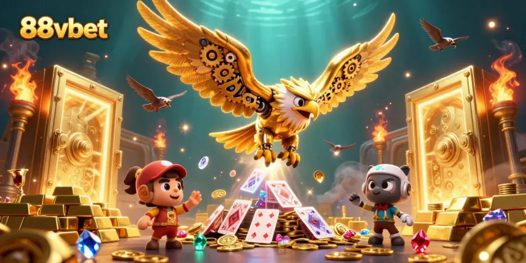 Experience excitement at 88vbet with a dynamic cybernetic eagle diving through holographic cards.