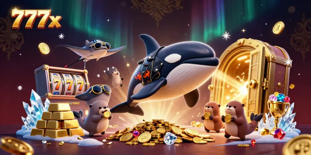 Experience thrilling wins at 777x with a dynamic casino scene featuring vibrant characters and rich elements.