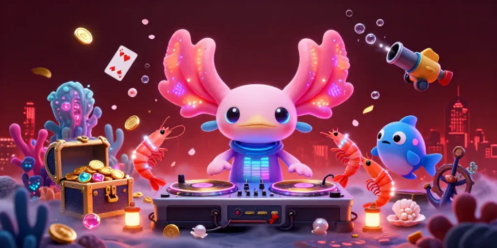 A vibrant underwater casino party scene featuring a 3D cartoon axolotl DJ, with shrimp dancers and gold coins flowing in w188.