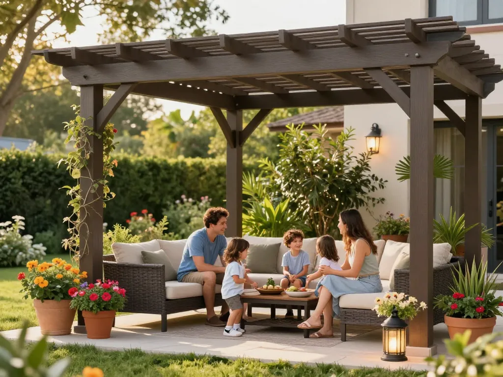 Family enjoying a sunny day under a custom pergola, showcasing the pergola configurator's design options.