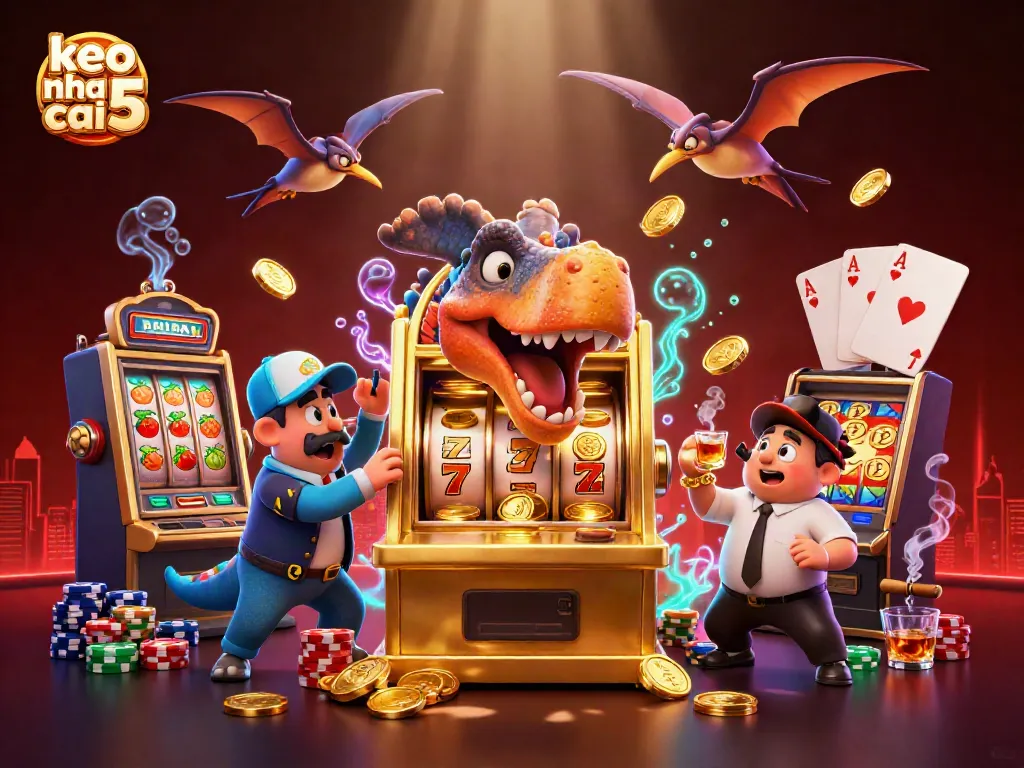 Experience the excitement of keo nha cai 5 with a dinosaur jackpot scene in a vibrant casino