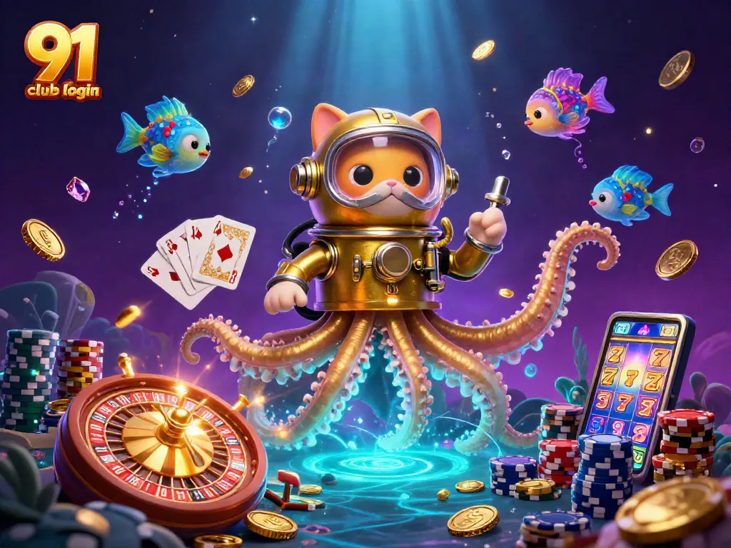 Experience 91 club login fun with a vibrant 3D illustration of a colossal kraken, diving cat, and casino elements.