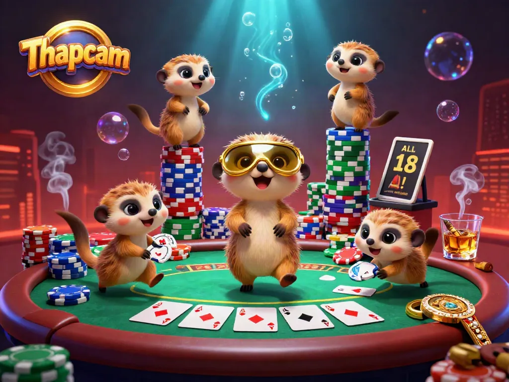 Thapcam brings excitement with meerkats engaging in a vibrant casino operation filled with poker action and colorful chips.