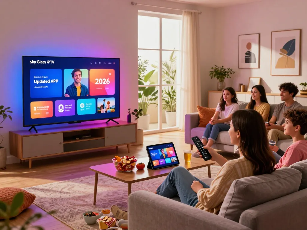 Sky Glass IPTV Updated APP 2026 streaming in a modern living room with friends and family gathered around enjoying the experience.