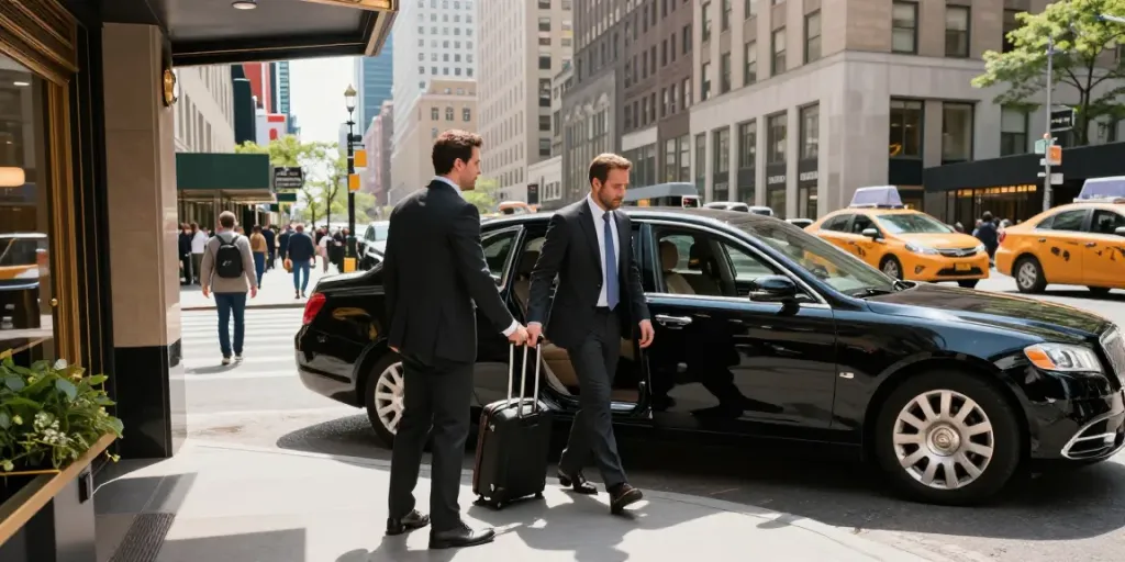 Professional chauffeur providing car service NYC assistance to a traveler outside a luxury hotel in New York City