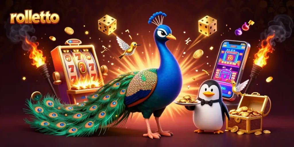 Engage with rolletto's vibrant casino scene, featuring unique characters and dynamic slot elements.