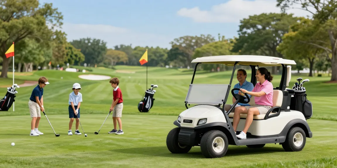 Yamaha golf cart for sale USA with family enjoying golf course day.