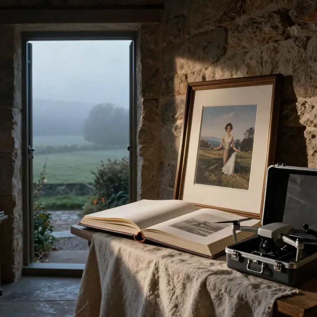 Stone studio with wedding album, portrait and landscape prints, and a drone case in dusk haze.