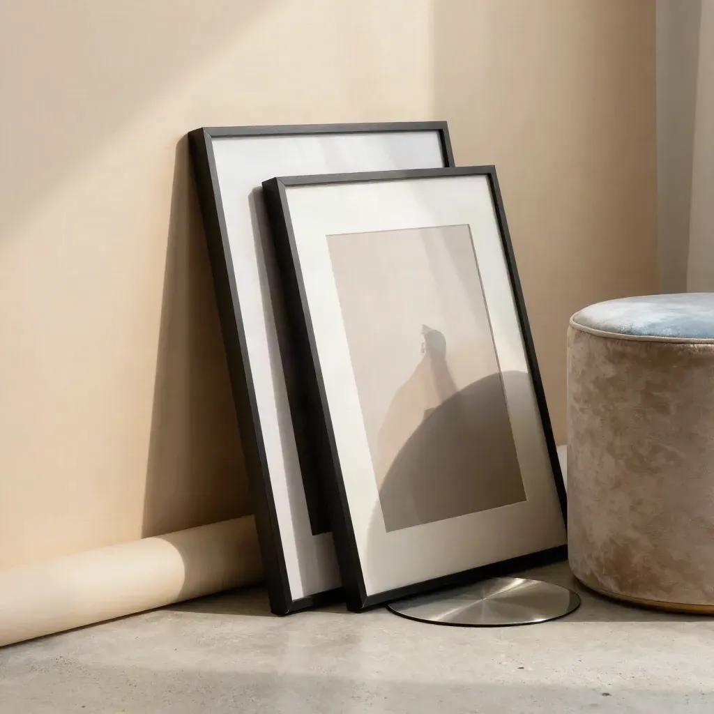 Framed portrait prints, seamless paper roll, reflector disc and velvet stool in a warm studio corner.