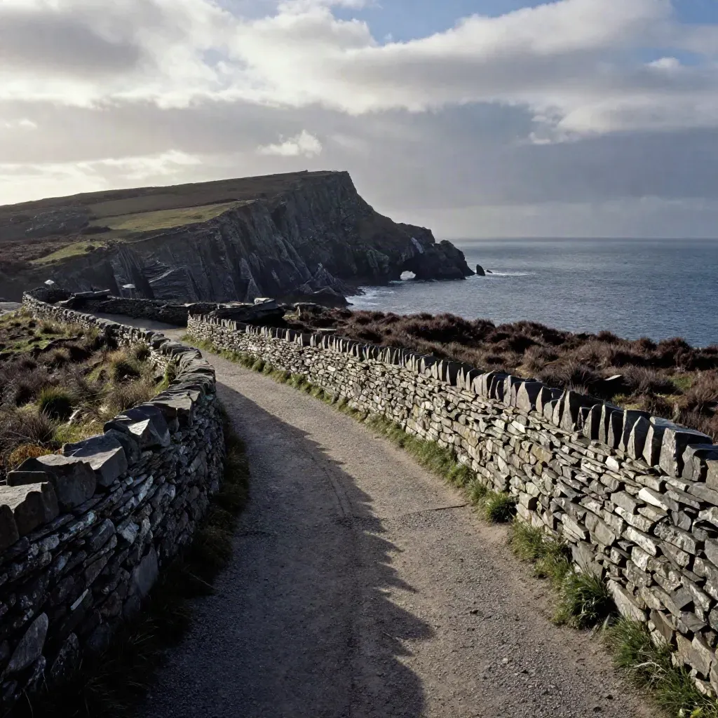 Cinematic coastal path with slate cliffs, a stone wall, sea spray and a distant headland