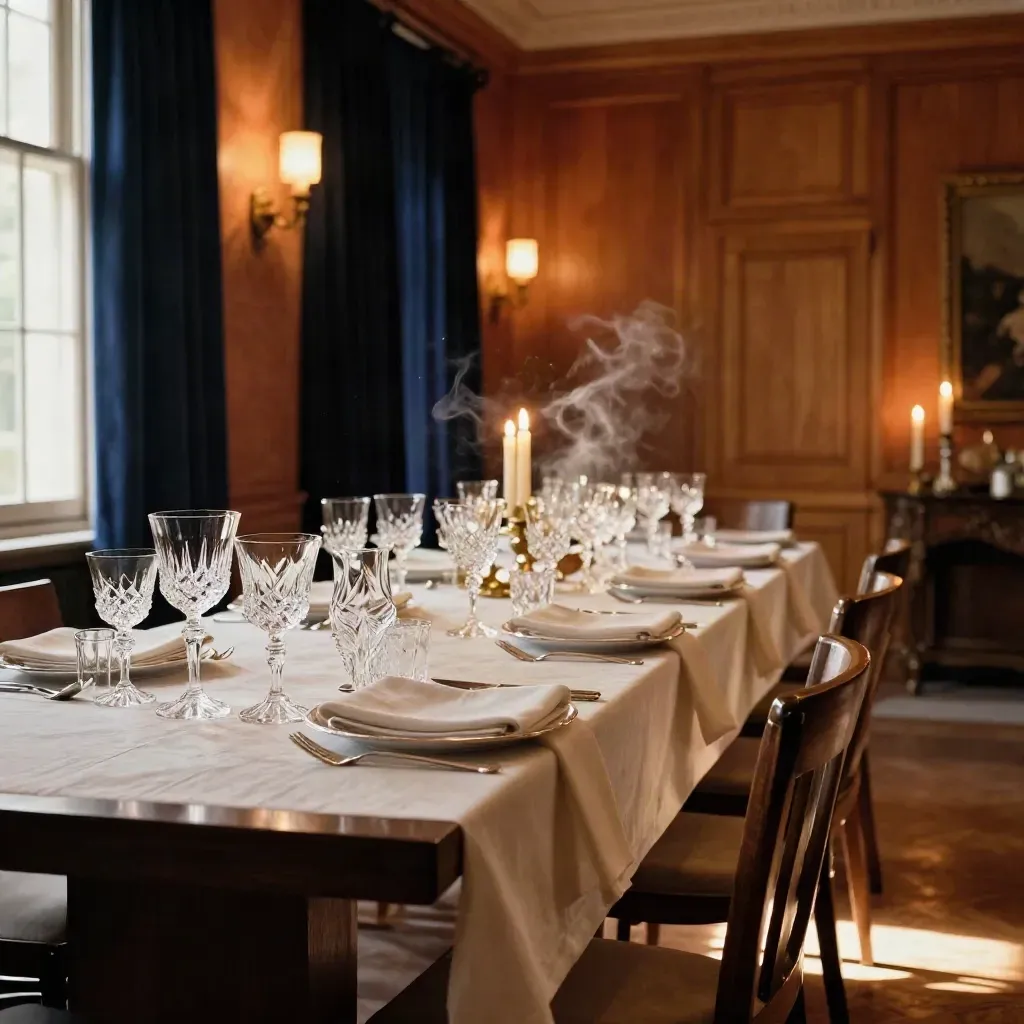 Candlelit private dinner room with glassware, linen, uplights, and a dark speaker plinth.